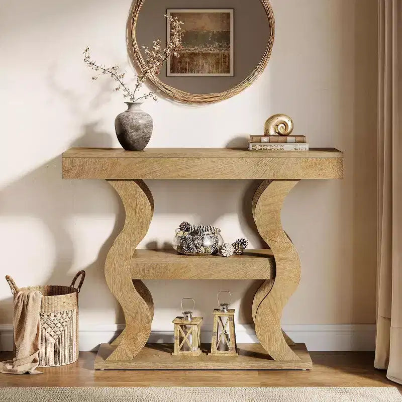 41" Console Table for Entryway, 3-Tier Narrow Wood Sofa Table with Storage Shelves and Curved Frame