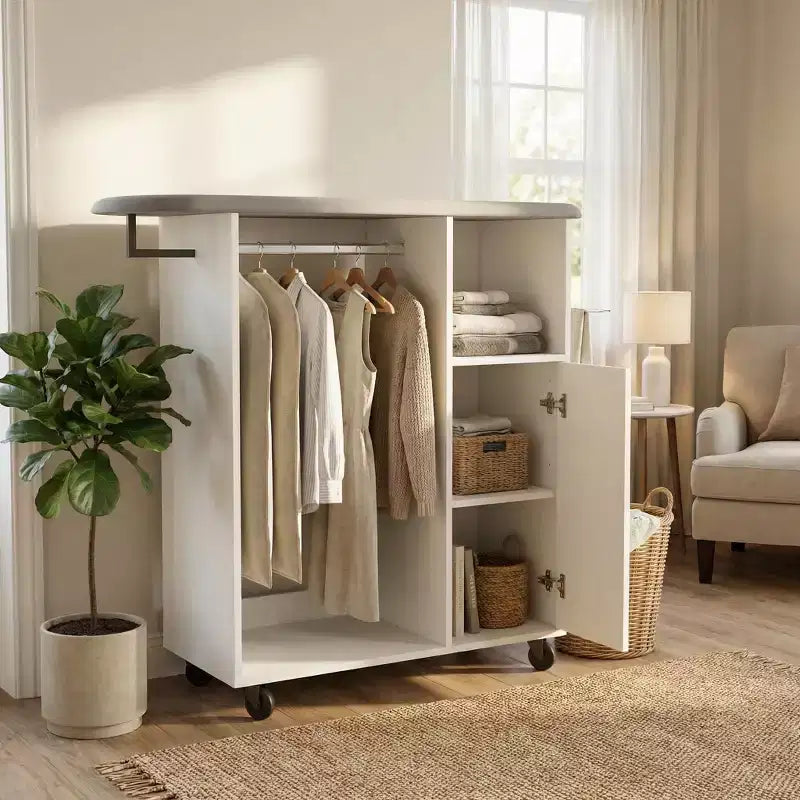 Rolling Garment Rack Storage Cabinet with Hanging Rod, Shelves and Ironing Board for Bedroom, Closet or Laundry Room