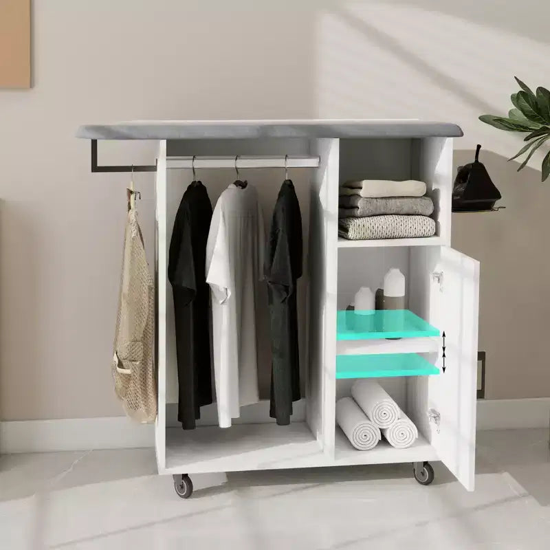 Rolling Garment Rack Storage Cabinet with Hanging Rod, Shelves and Ironing Board for Bedroom, Closet or Laundry Room