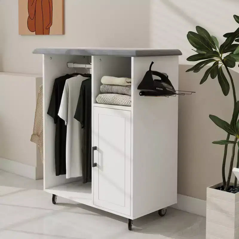 Rolling Garment Rack Storage Cabinet with Hanging Rod, Shelves and Ironing Board for Bedroom, Closet or Laundry Room