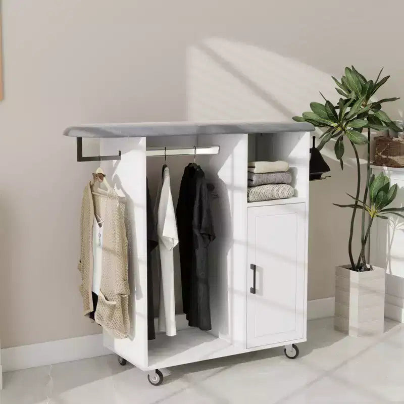 Rolling Garment Rack Storage Cabinet with Hanging Rod, Shelves and Ironing Board for Bedroom, Closet or Laundry Room