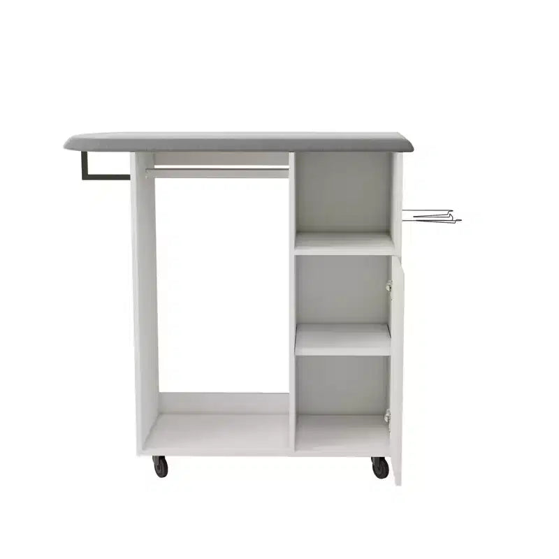 Rolling Garment Rack Storage Cabinet with Hanging Rod, Shelves and Ironing Board for Bedroom, Closet or Laundry Room