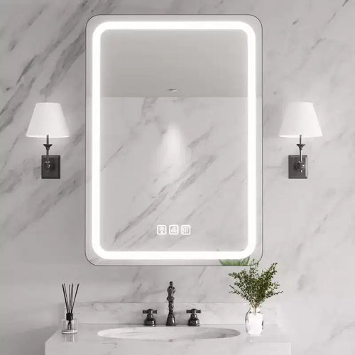 FAMYYT 20 in. W x 28 in. H Rectangular Iron Medicine Cabinet with Mirror, Dimmable LED Light, Anti-Fog and Outlets - Fully Assembled