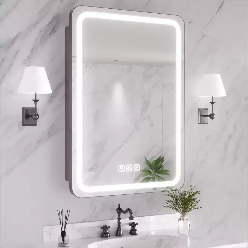 20"W x 28"H Rectangular Iron Medicine Cabinet with Mirror, Dimmable LED, Anti-Fog and Outlets - Fully Assembled