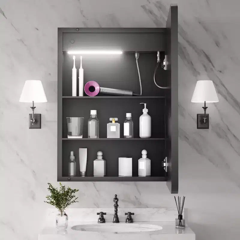 20"W x 28"H Rectangular Iron Medicine Cabinet with Mirror, Dimmable LED, Anti-Fog and Outlets - Fully Assembled