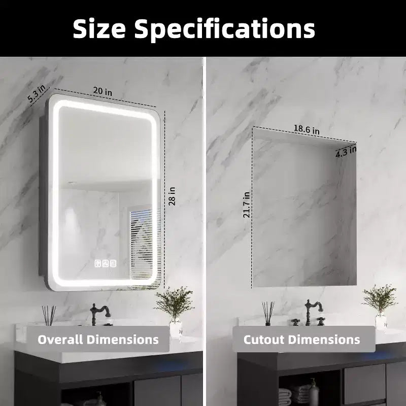 20"W x 28"H Rectangular Iron Medicine Cabinet with Mirror, Dimmable LED, Anti-Fog and Outlets - Fully Assembled