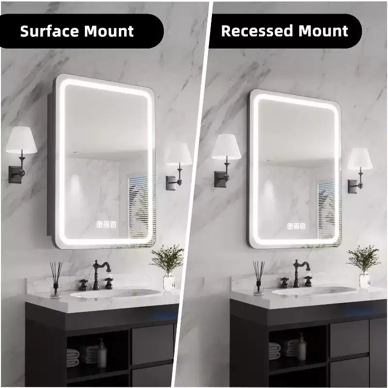 20"W x 28"H Rectangular Iron Medicine Cabinet with Mirror, Dimmable LED, Anti-Fog and Outlets - Fully Assembled