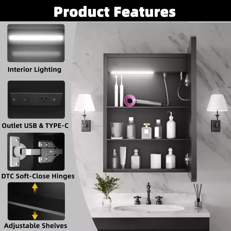 20"W x 28"H Rectangular Iron Medicine Cabinet with Mirror, Dimmable LED, Anti-Fog and Outlets - Fully Assembled
