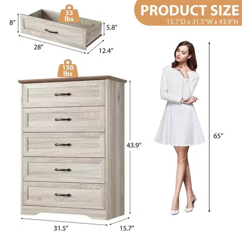 5 Drawers Dresser Chest with Wide Metal Handles, Beige, Farmhouse Modern Wooden Storage Organizer for Bedroom/Living Room/Kids Room