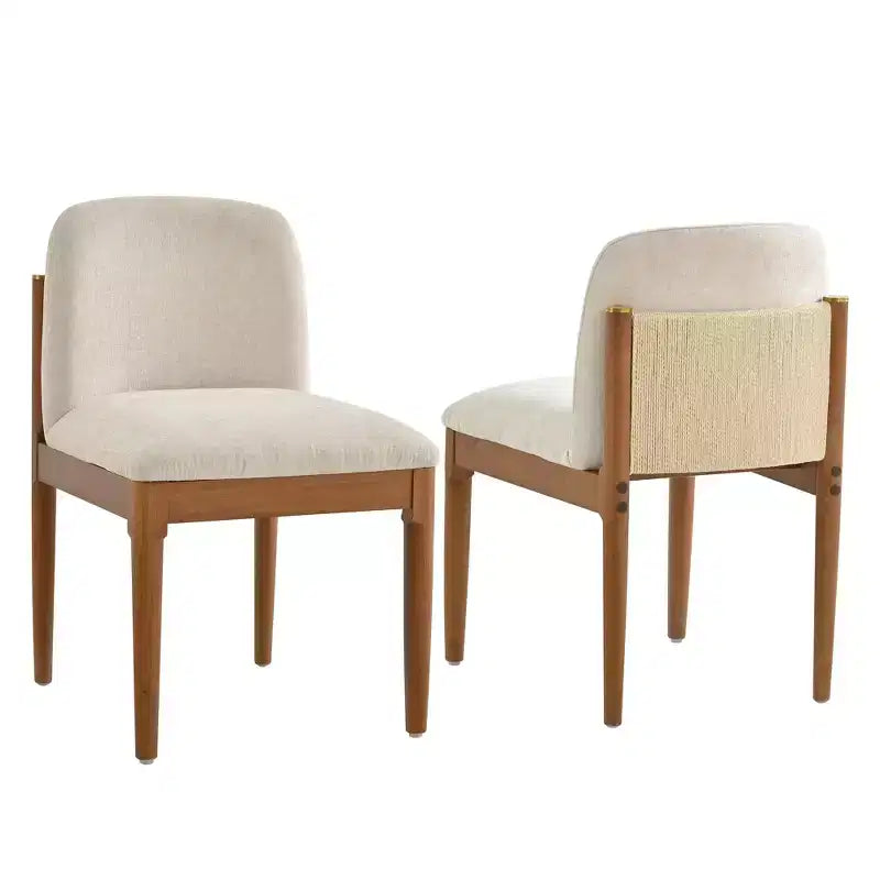 Set of 2 Modern Dining Chairs with Woven Rope Backrest & Solid Rubberwood Legs, Walnut Finish