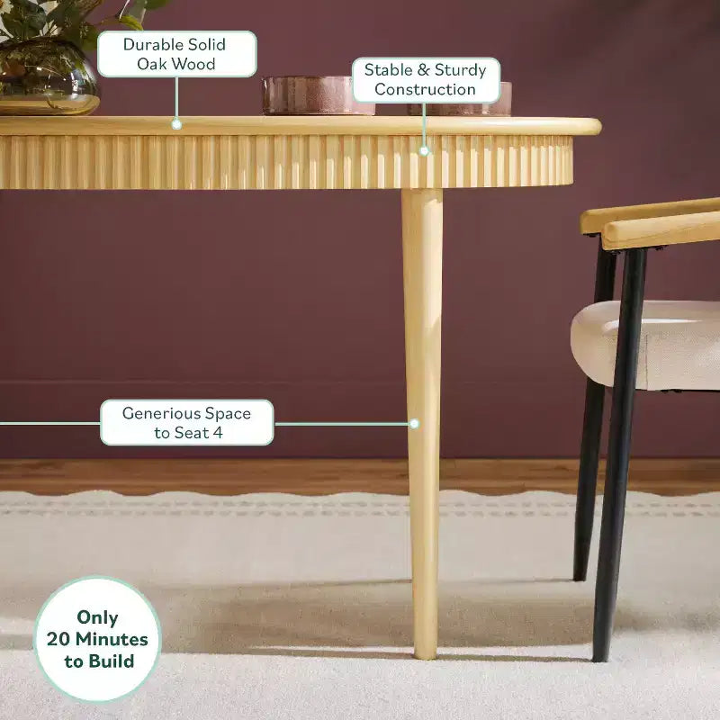 52" Modern Fluted Oval Solid Oak Wood Dining Table for 4