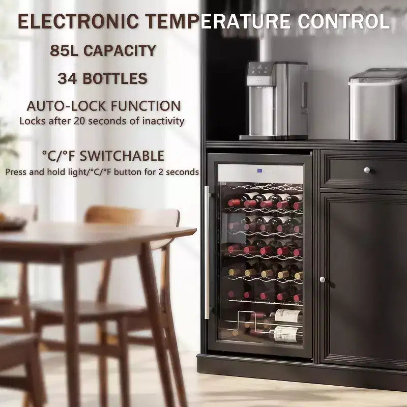 Kitchen Bar Cabinet,Compact Wine Fridge with Tempered Glass Door,Built-in LED,Temperature Control,Ideal for Kitchen Counter & Home Bar