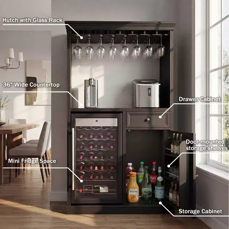 Kitchen Bar Cabinet,Compact Wine Fridge with Tempered Glass Door,Built-in LED,Temperature Control,Ideal for Kitchen Counter & Home Bar