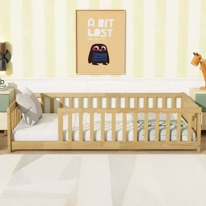 Twin Size Floor Bed with Fence without Door, Rubber Wood Floor Bed with Safety Guardrails