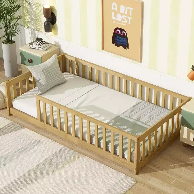 Twin Size Floor Bed with Fence without Door, Rubber Wood Floor Bed with Safety Guardrails