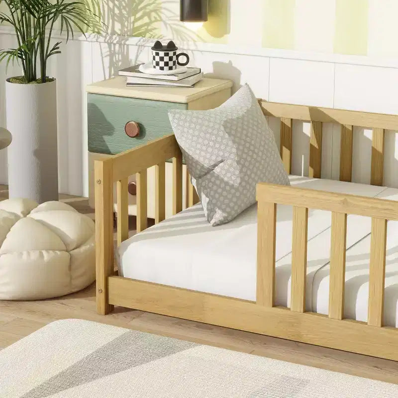Twin Size Floor Bed with Fence without Door, Rubber Wood Floor Bed with Safety Guardrails