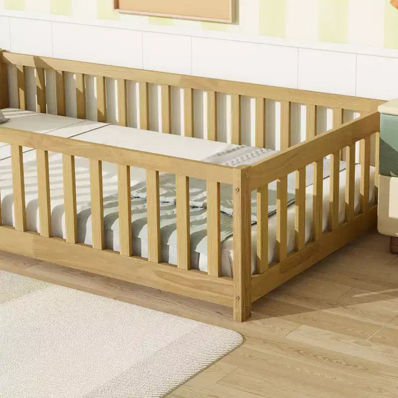 Twin Size Floor Bed with Fence without Door, Rubber Wood Floor Bed with Safety Guardrails