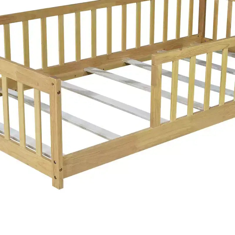Twin Size Floor Bed with Fence without Door, Rubber Wood Floor Bed with Safety Guardrails