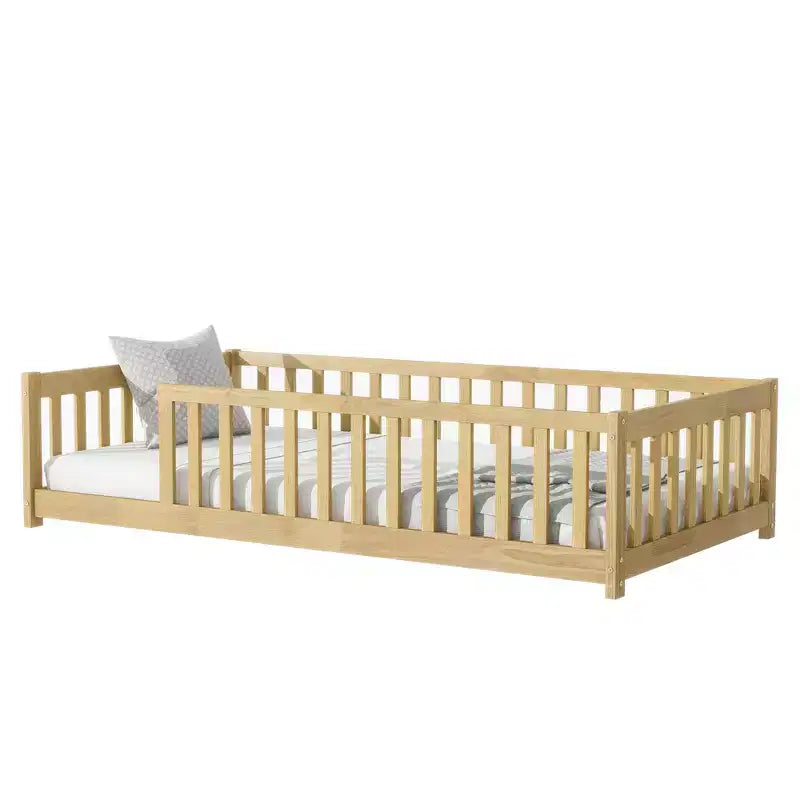 Twin Size Floor Bed with Fence without Door, Rubber Wood Floor Bed with Safety Guardrails