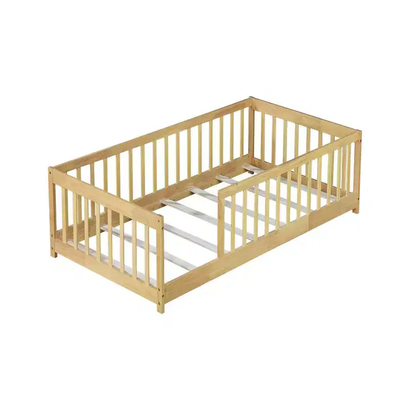 Twin Size Floor Bed with Fence without Door, Rubber Wood Floor Bed with Safety Guardrails