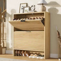2 Flip Drawers Fluted Shoe Storage Cabinet, 31.5 Wide Freestanding Hidden Shoe Rack with Adjustable Shelves for Entryway Living Room