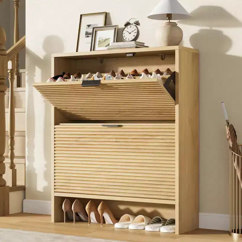 2 Flip Drawers Fluted Shoe Storage Cabinet, 31.5 Wide Freestanding Hidden Shoe Rack with Adjustable Shelves for Entryway Living Room