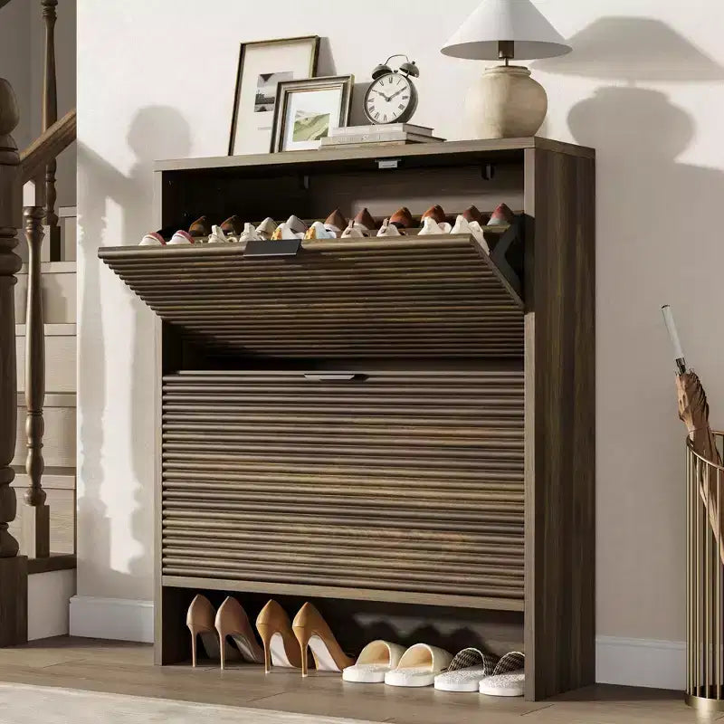 2 Flip Drawers Fluted Shoe Storage Cabinet, 31.5 Wide Freestanding Hidden Shoe Rack with Adjustable Shelves for Entryway Living Room