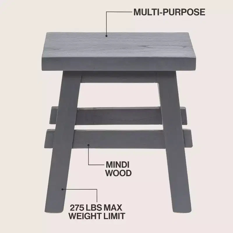 16.9" Rustic Farmhouse Solid Mindi Wood Handcrafted Accent Stool