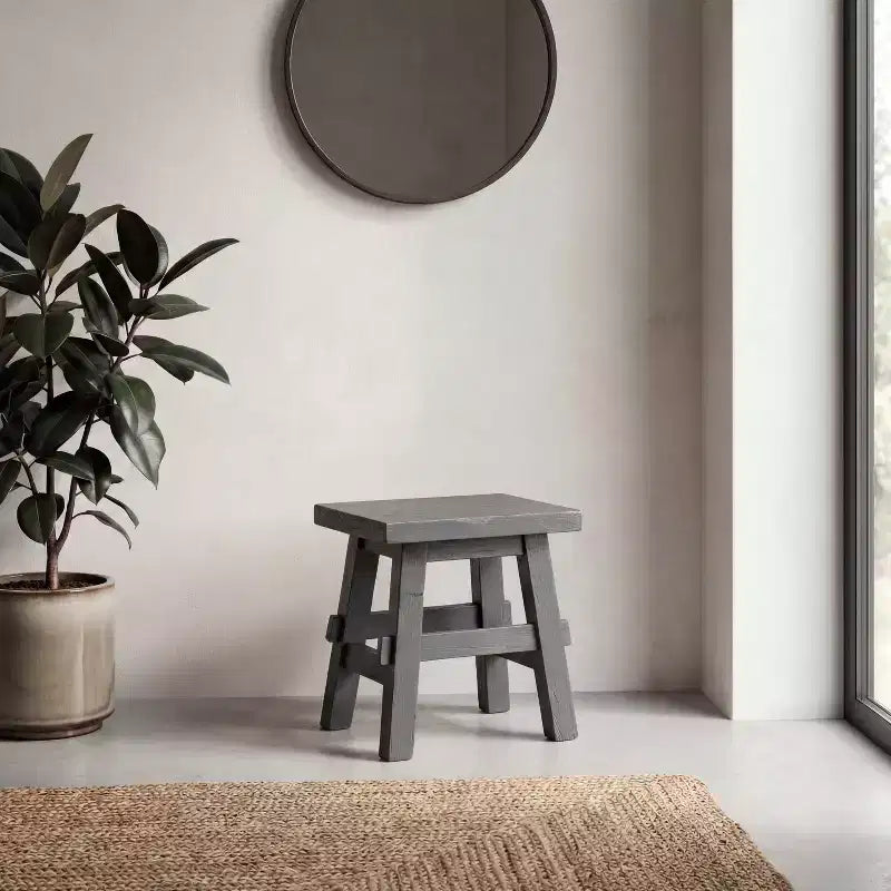 16.9" Rustic Farmhouse Solid Mindi Wood Handcrafted Accent Stool