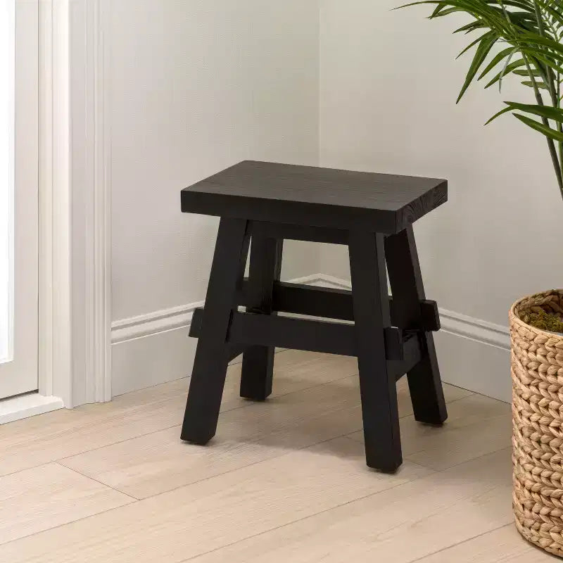 16.9" Rustic Farmhouse Solid Mindi Wood Handcrafted Accent Stool