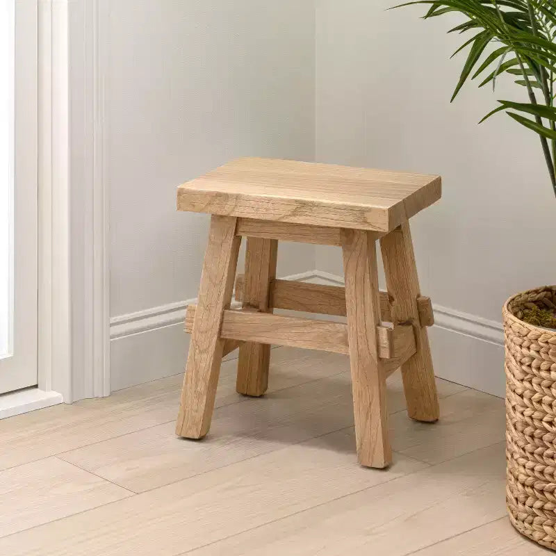 16.9" Rustic Farmhouse Solid Mindi Wood Handcrafted Accent Stool