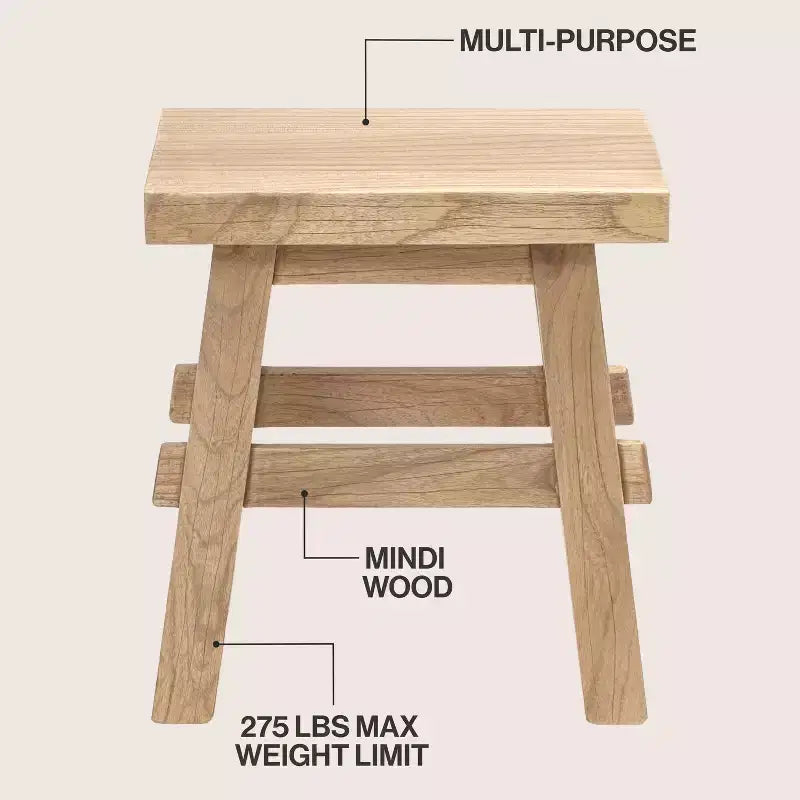 16.9" Rustic Farmhouse Solid Mindi Wood Handcrafted Accent Stool