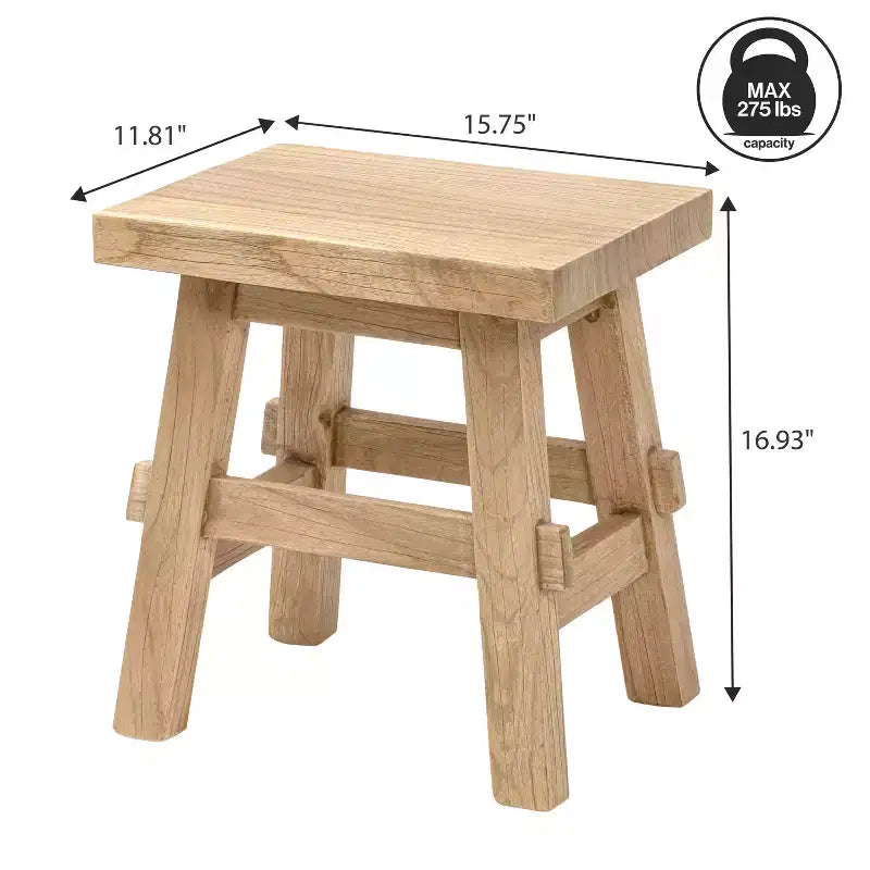 16.9" Rustic Farmhouse Solid Mindi Wood Handcrafted Accent Stool