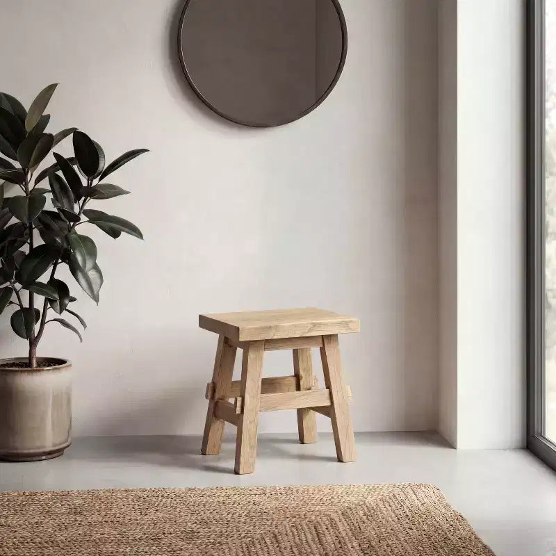 16.9" Rustic Farmhouse Solid Mindi Wood Handcrafted Accent Stool