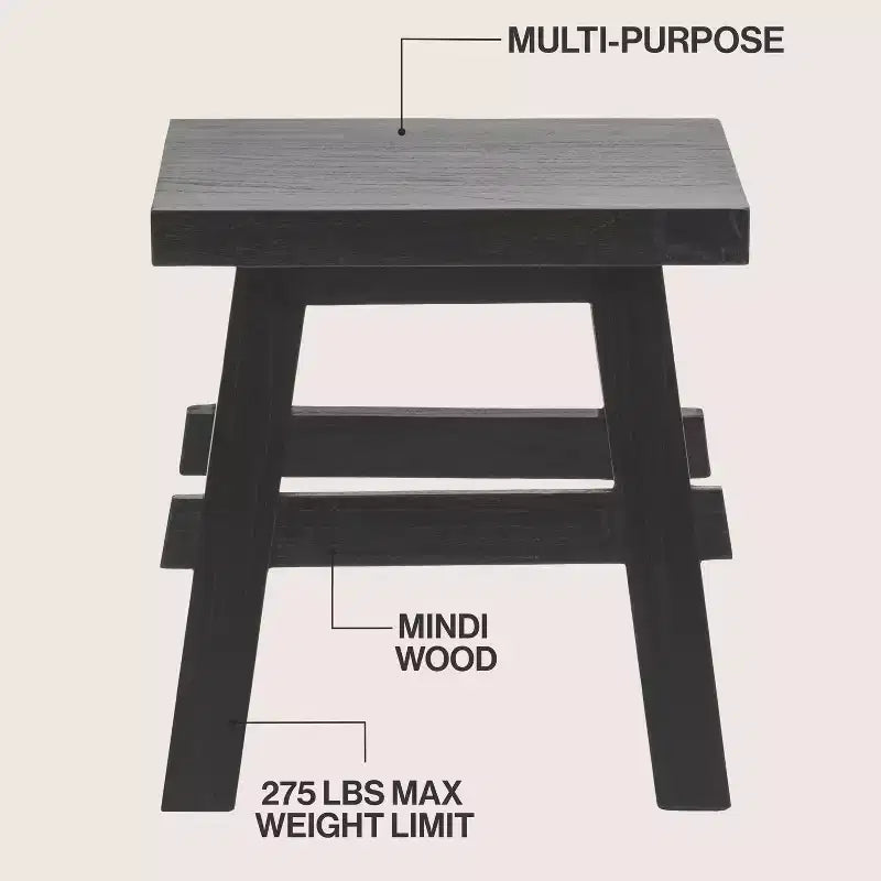 16.9" Rustic Farmhouse Solid Mindi Wood Handcrafted Accent Stool