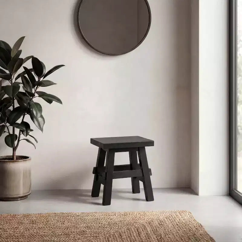 16.9" Rustic Farmhouse Solid Mindi Wood Handcrafted Accent Stool