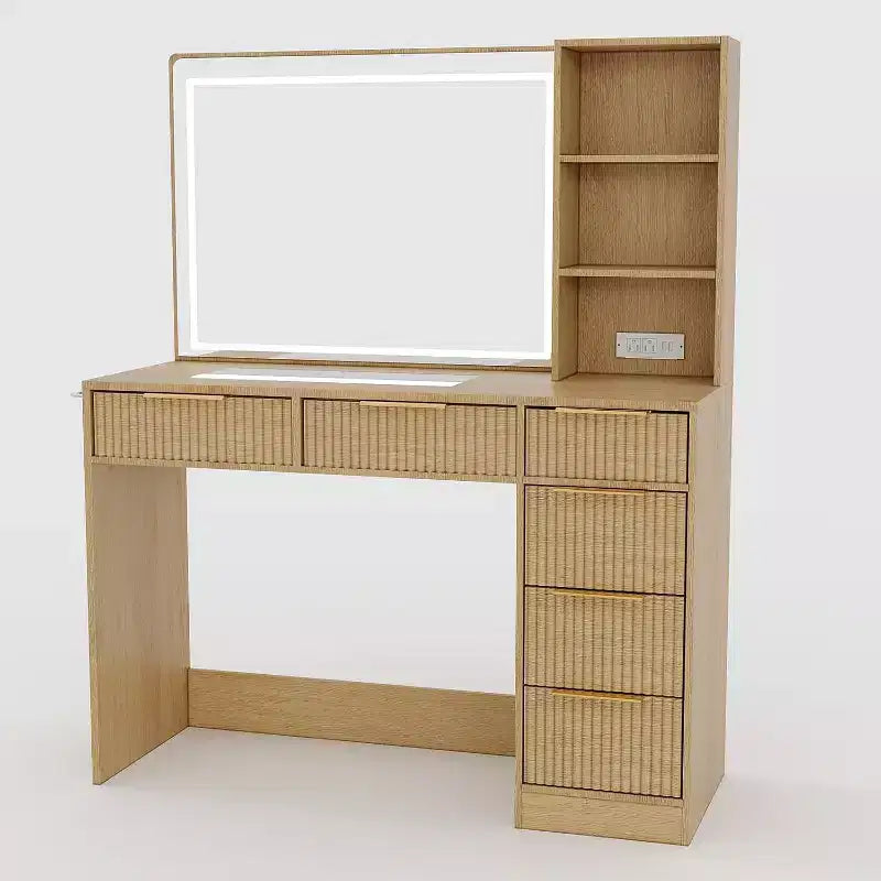 52in Wave Texture Makeup Vanity Desk with LED Mirror, Power Outlet, 6 Drawers, Glass Top & Storage for Bedroom Living Room