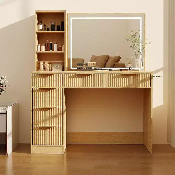 52in Wave Texture Makeup Vanity Desk with LED Mirror, Power Outlet, 6 Drawers, Glass Top & Storage for Bedroom Living Room