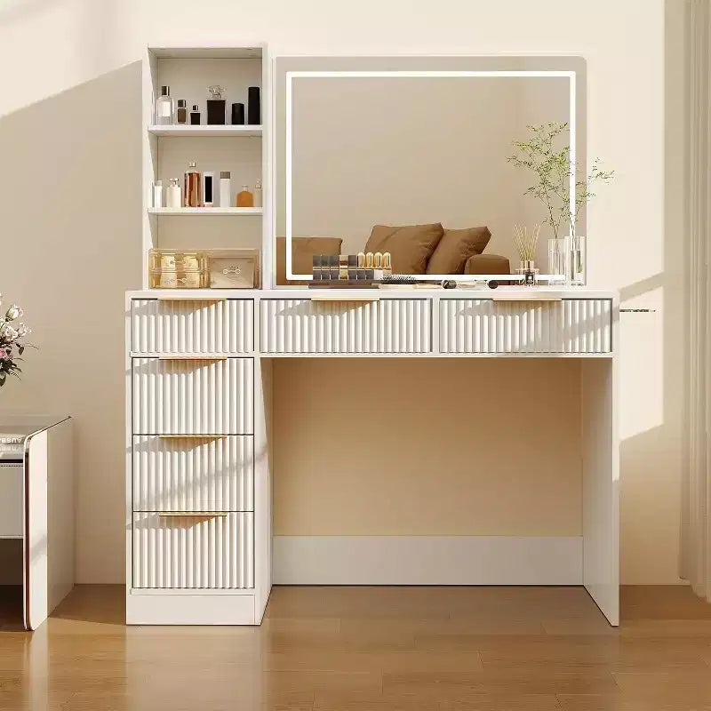 52in Wave Texture Makeup Vanity Desk with LED Mirror, Power Outlet, 6 Drawers, Glass Top & Storage for Bedroom Living Room