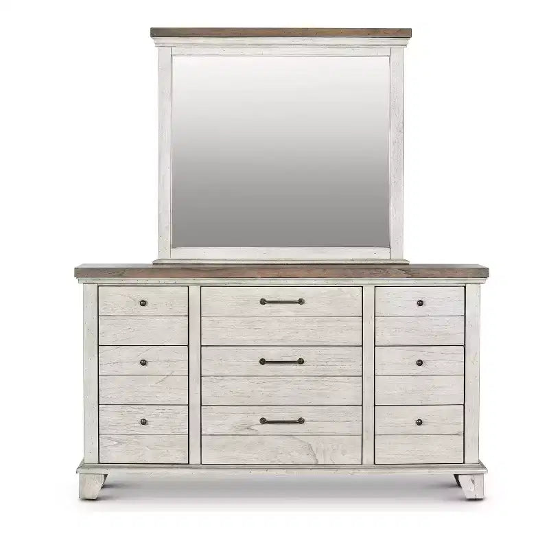 Dresser and Mirror Set, Rustic Ivory/Honey Farmhouse Bedroom