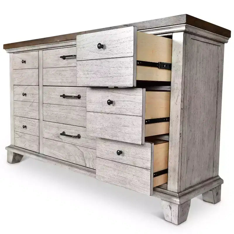 Dresser and Mirror Set, Rustic Ivory/Honey Farmhouse Bedroom