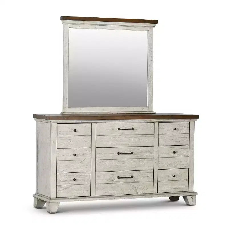 Dresser and Mirror Set, Rustic Ivory/Honey Farmhouse Bedroom