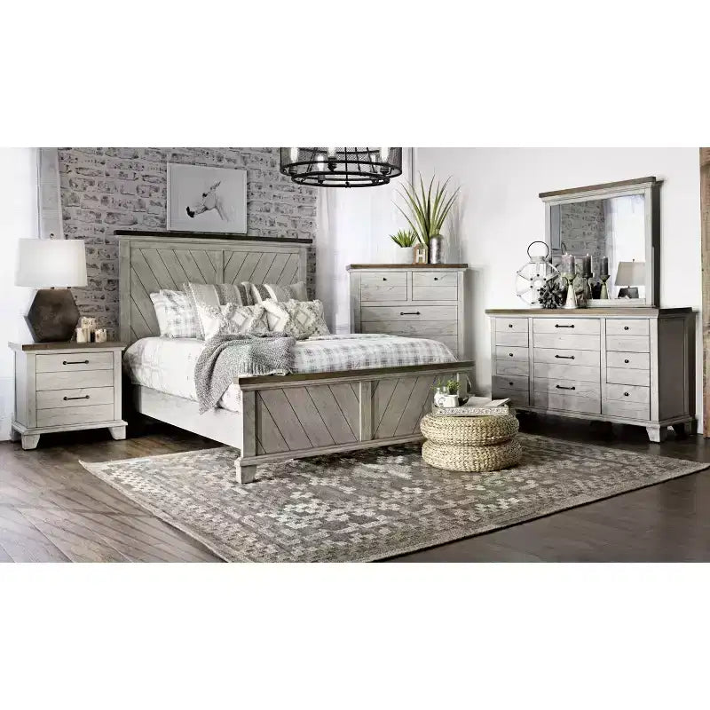 Dresser and Mirror Set, Rustic Ivory/Honey Farmhouse Bedroom