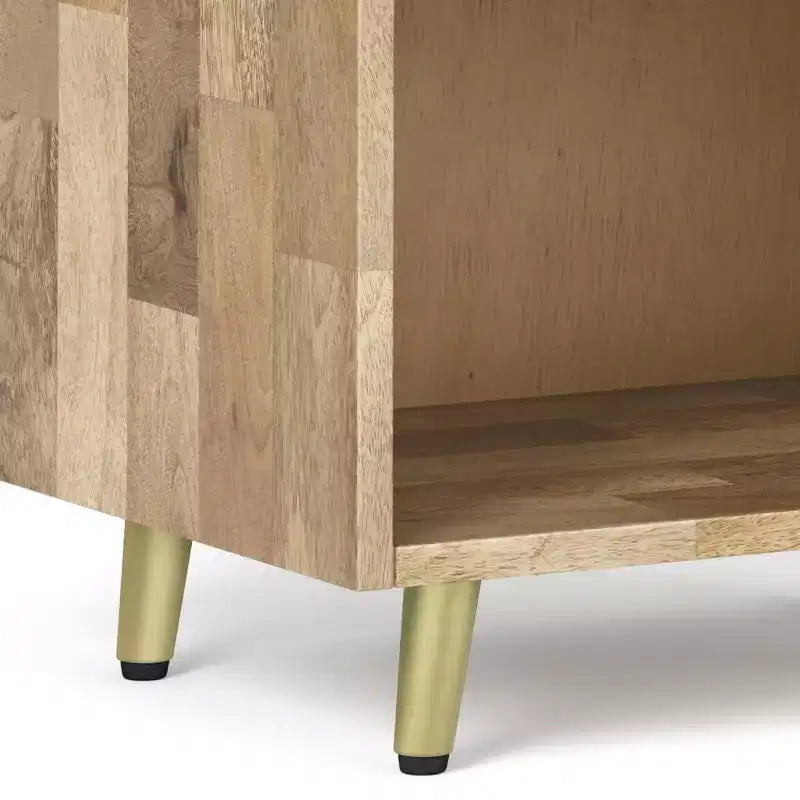 Mango Wood Nightstand with Brass Inlay, Open Shelf and Drawer, Mid-Century Modern, 22"W x 24"H