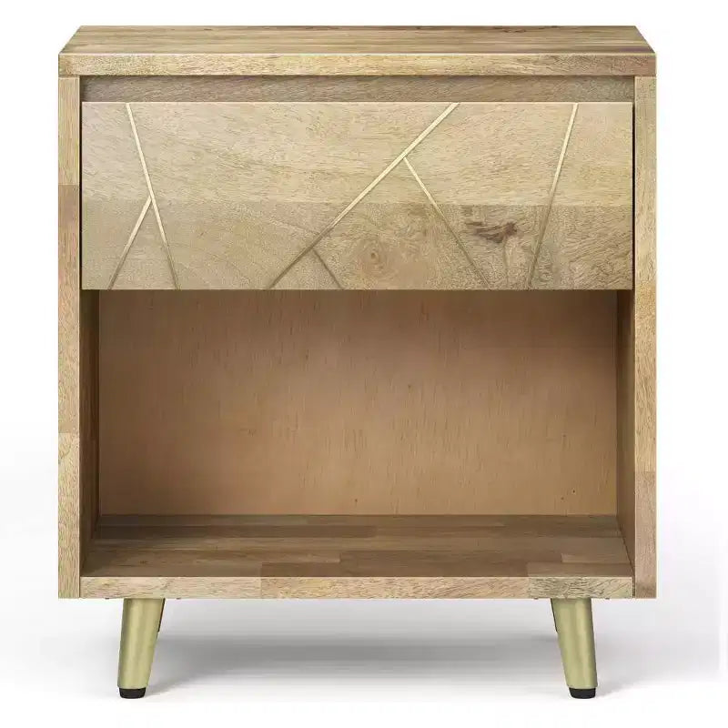 Mango Wood Nightstand with Brass Inlay, Open Shelf and Drawer, Mid-Century Modern, 22"W x 24"H