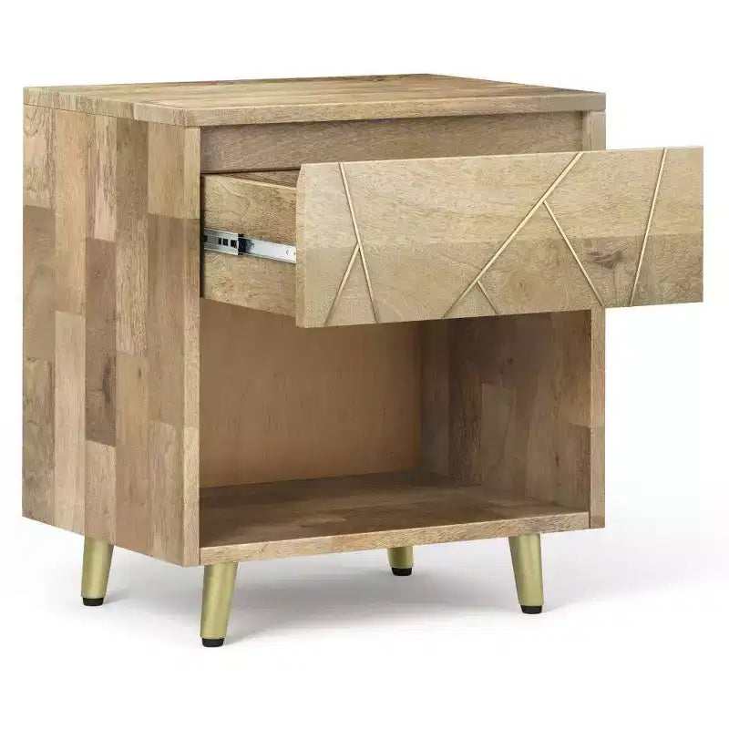 Mango Wood Nightstand with Brass Inlay, Open Shelf and Drawer, Mid-Century Modern, 22"W x 24"H