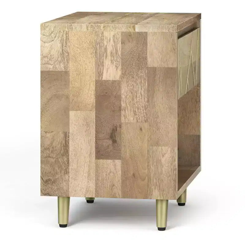 Mango Wood Nightstand with Brass Inlay, Open Shelf and Drawer, Mid-Century Modern, 22"W x 24"H