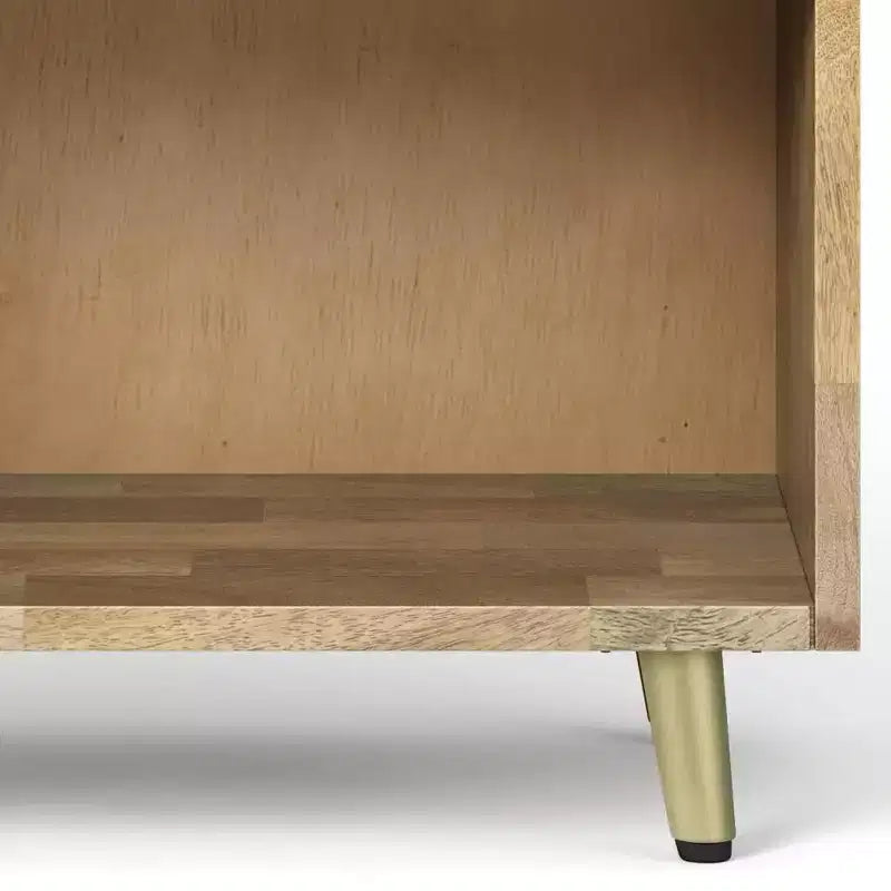 Mango Wood Nightstand with Brass Inlay, Open Shelf and Drawer, Mid-Century Modern, 22"W x 24"H