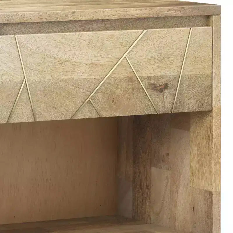 Mango Wood Nightstand with Brass Inlay, Open Shelf and Drawer, Mid-Century Modern, 22"W x 24"H