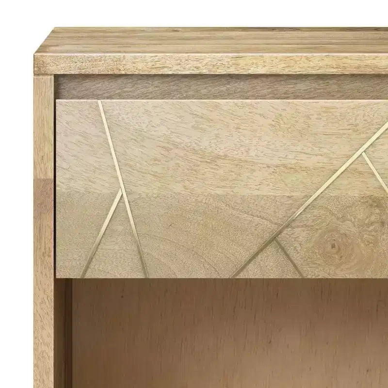 Mango Wood Nightstand with Brass Inlay, Open Shelf and Drawer, Mid-Century Modern, 22"W x 24"H